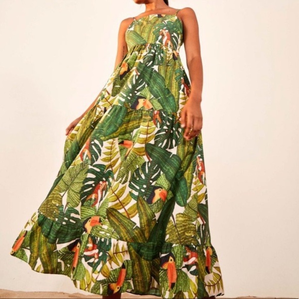FARM Rio Paradise Forest Tiered Maxi Dress XS